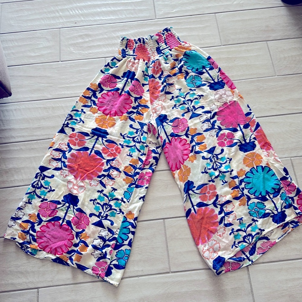 Tropical print wide leg pants